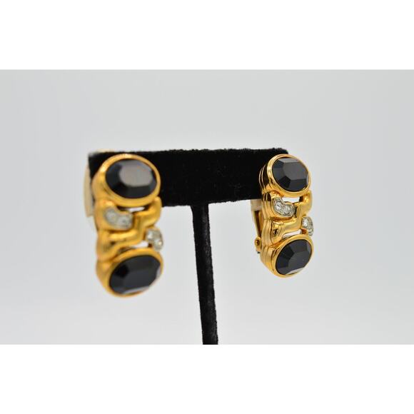 Les Bernard Vintage Clip On Earrings Black Crystal Gold Signed NOS 1980s 9L - Picture 5 of 8